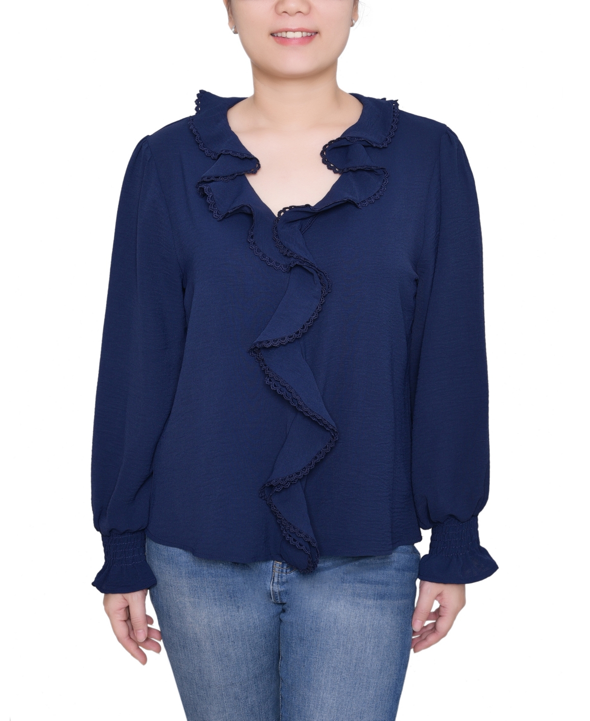 Ny Collection Women's Short Sleeve Ruffle Front Top In Blue