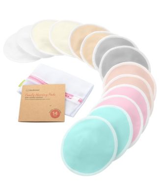 14pk Organic Nursing Pads, Washable Breast Pads + Wash Bag, Reusable Nipple Pads