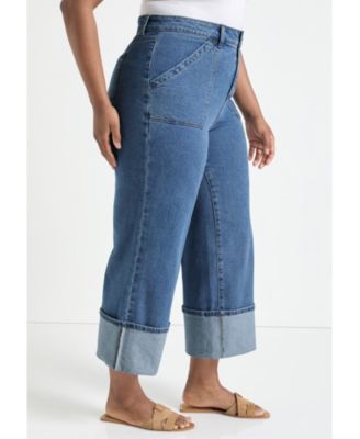 June + Vie Women's June + Vie Wide-Leg Cropped Cuffed Jeans