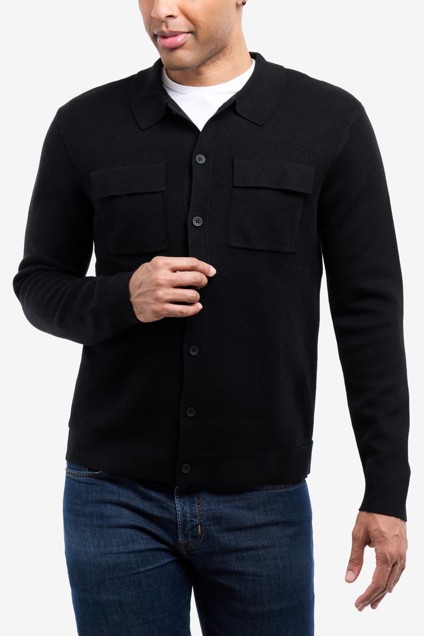 Мужской свитер SPRING + MERCER Long Sleeve Sweater With Full Buttoned Two Patch Pockets, цвет: Чёрный — фото 4