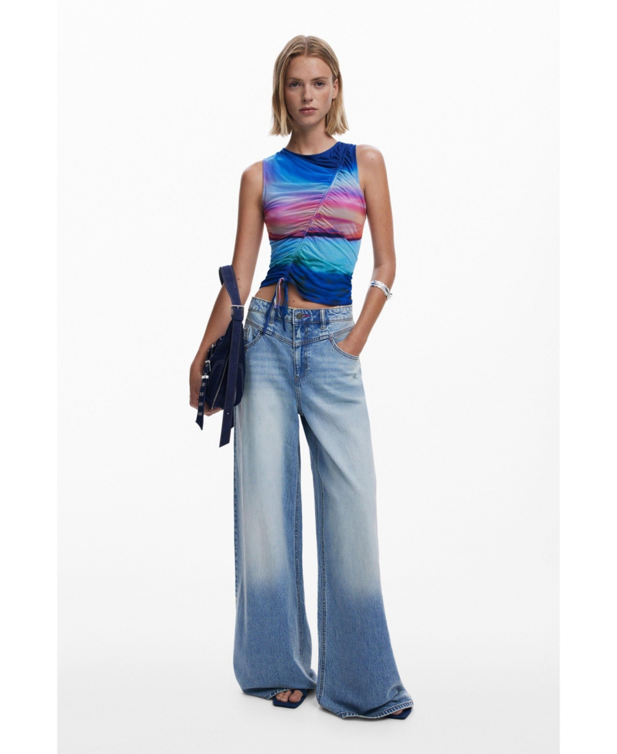 Desigual Shadow Pocket Wide Leg Jeans In Blue