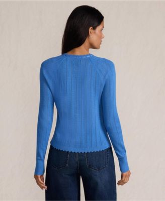 Women's Cotton Pointelle Satin Trim Cardigan Sweater