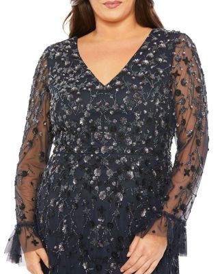 Women's V-Neck Embellished Long Flutter Sleeve Tired Gown