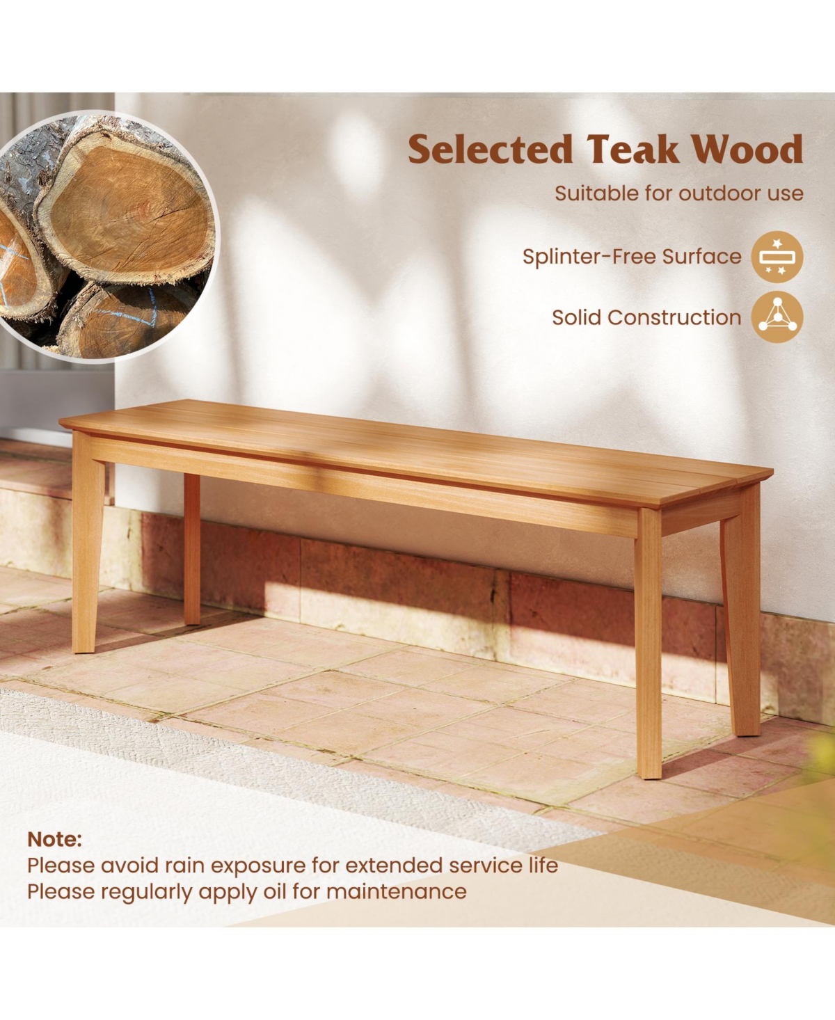 Gymax 2PCS 55'' Teak Wood Bench 3-Person Backless Seating w/ 880 Lbs Weight Capacity