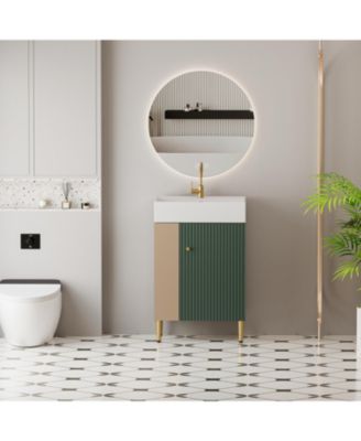 Open Shelving Bathroom Vanity with Ceramic Sink and Soft-Closing Door