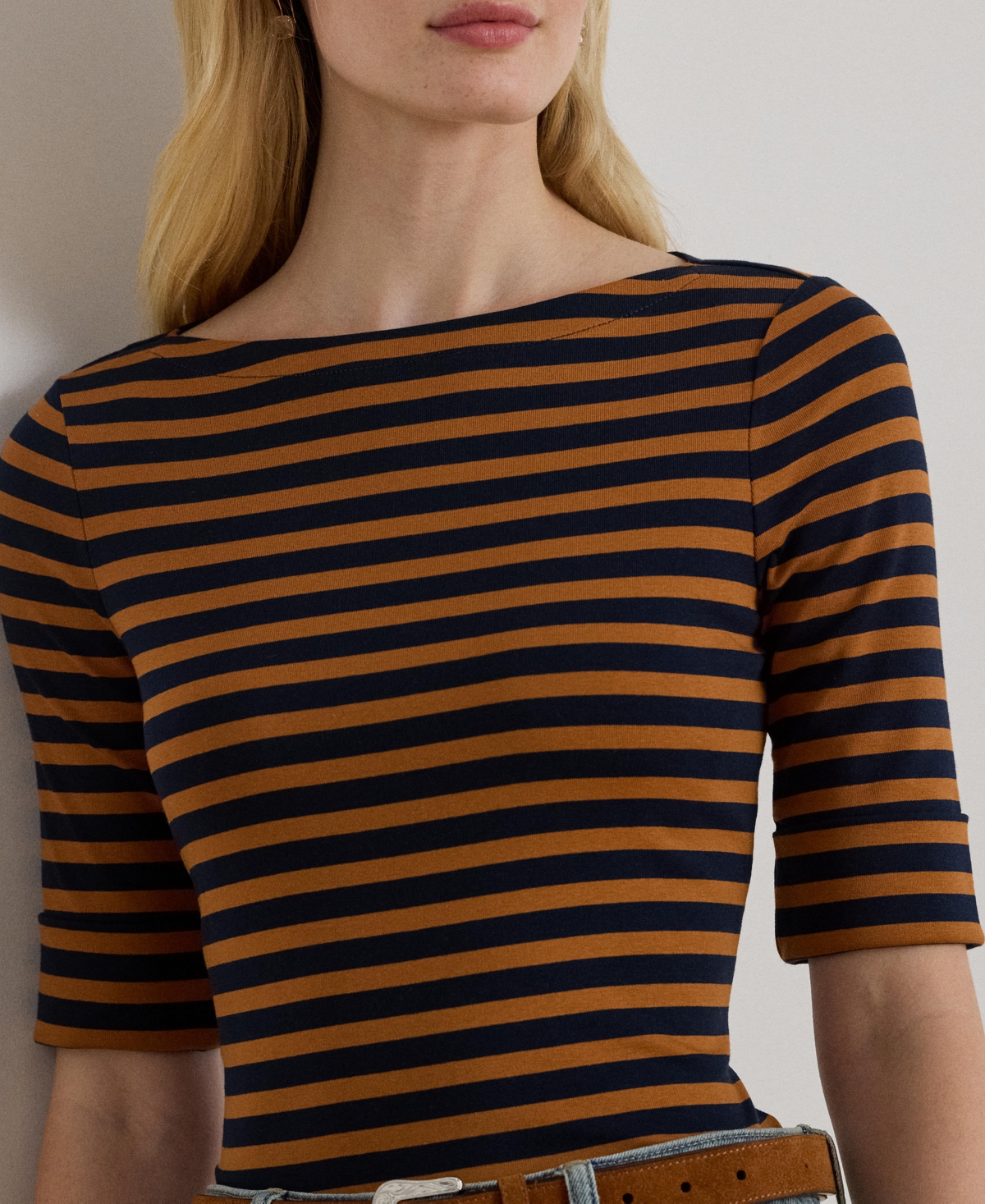 Ralph Lauren Petite Striped Stretch Cotton Boatneck Tee In Brown