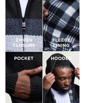 Men's Hooded Fleece Lined Full Zip Sweater With Stripes