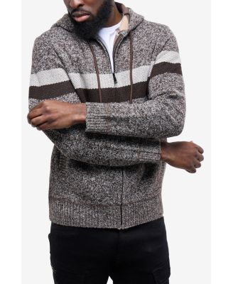 Men's Hooded Fleece Lined Full Zip Sweater With Stripes