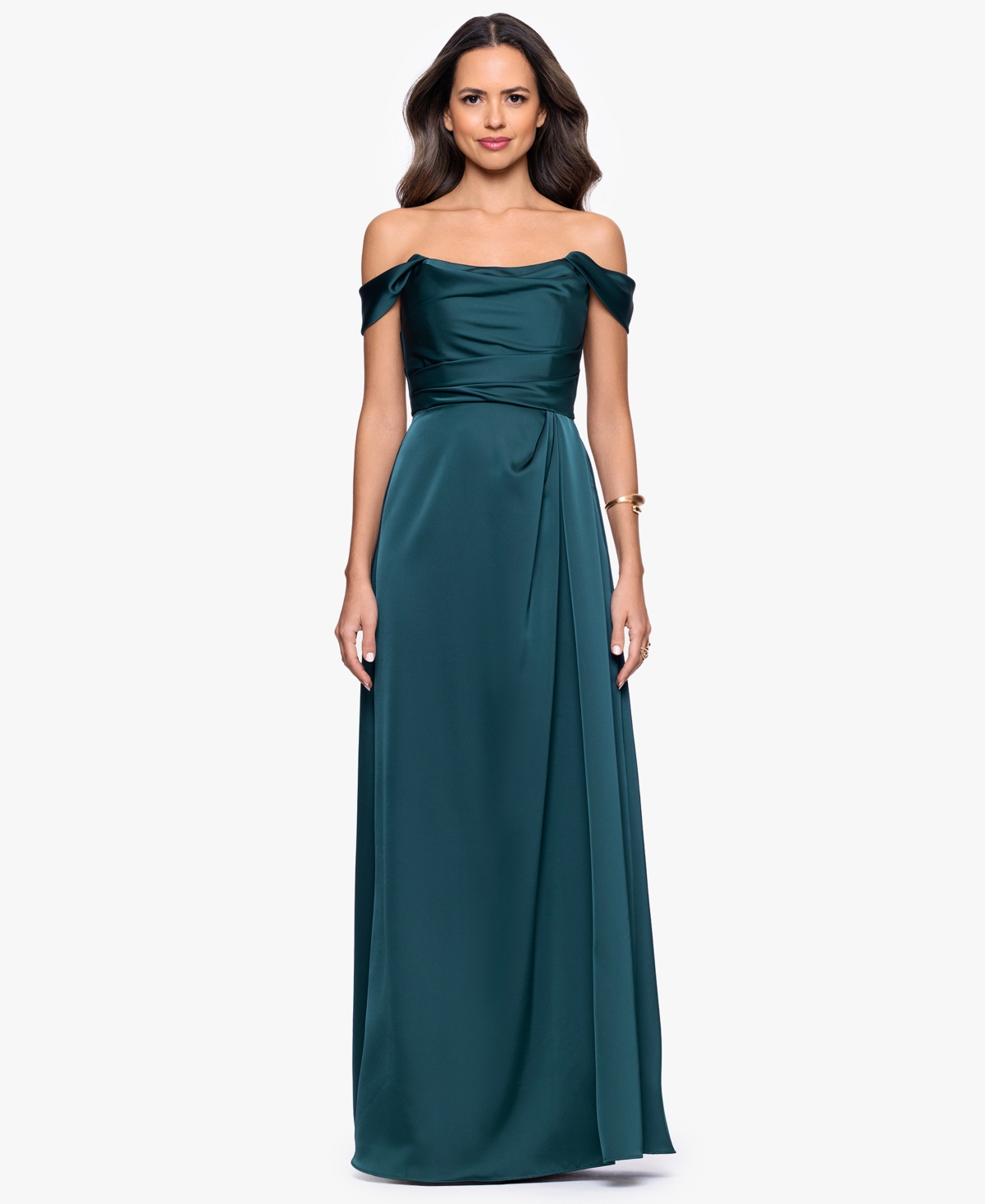 Betsy & Adam Heather Off The Shoulder Satin Gown In Green