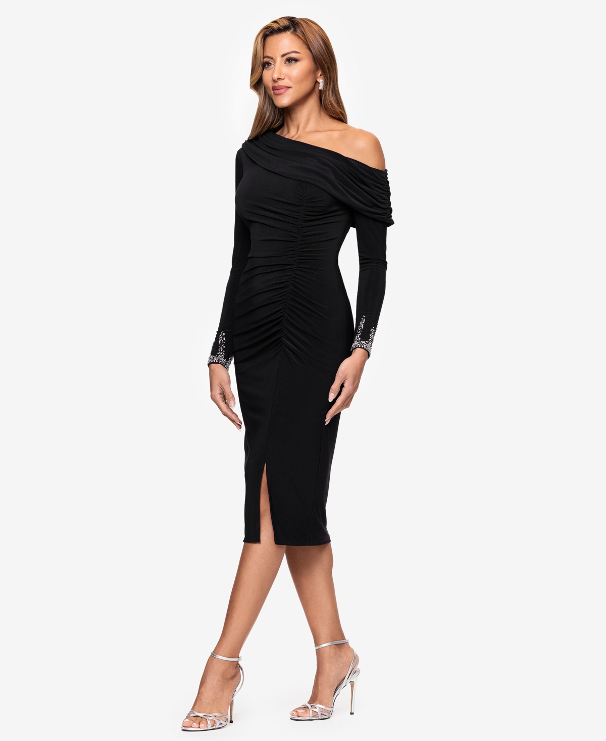 Betsy & Adam Women's Midi Off-the-shoulder Dress In Black
