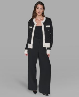 Petite Crew Neck Front-Button Cardigan Sweater