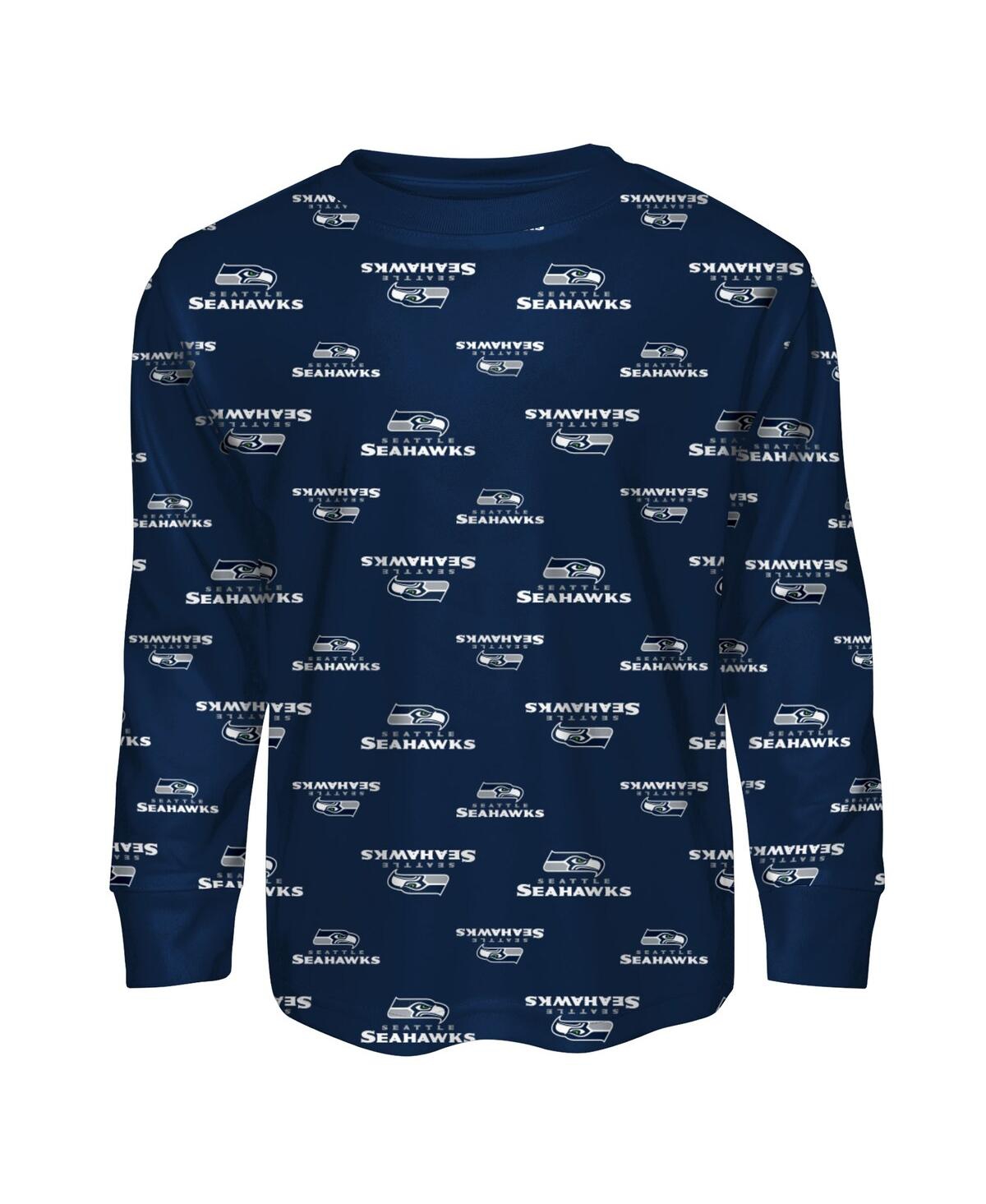 Outerstuff Toddler College Navy Seattle Seahawks All-over-print Long Sleeve T-shirt And Pants Sleep Set In Blue