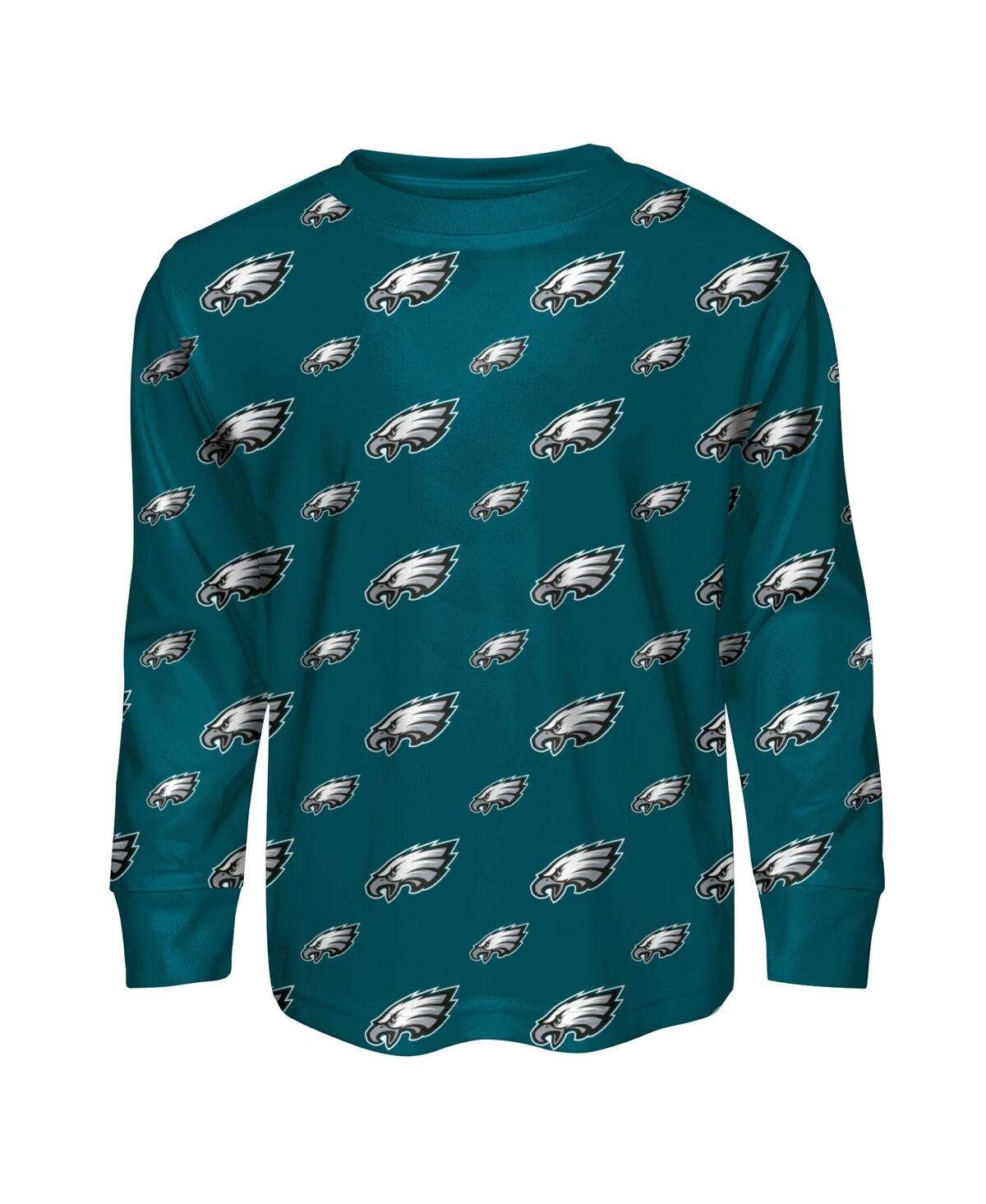 Outerstuff Big Boys And Girls Midnight Green Philadelphia Eagles All-over-print Long Sleeve T-shirt And Pants S In Green