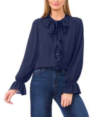 Women's Long Sleeve Button-Down Ruffle Top
