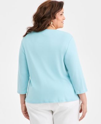 Plus Size 3/4-Sleeve Cotton Henley Top