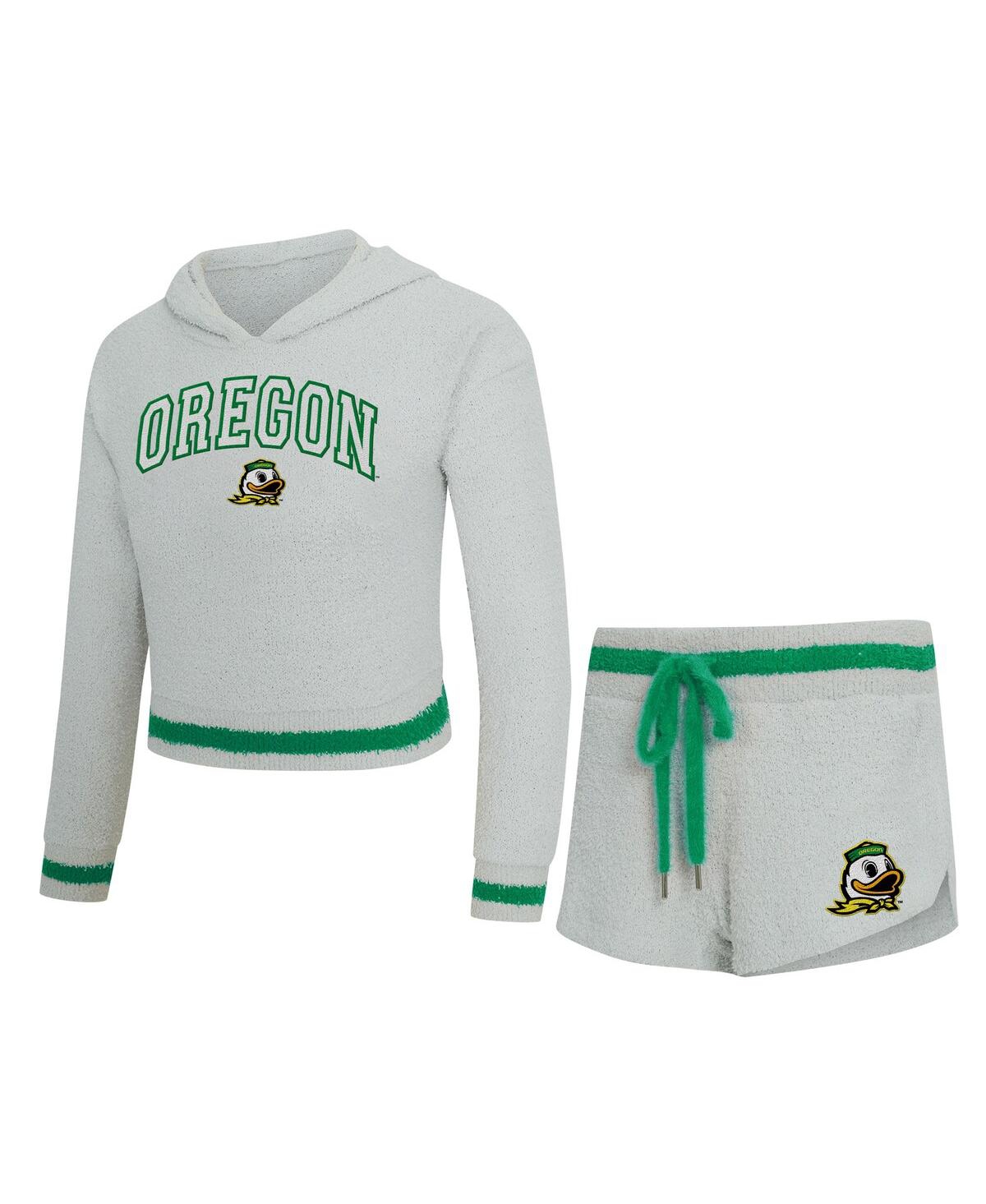 Concepts Sport Women's 2-piece Gray/green Oregon Ducks Whitley Long Sleeve Hoodie Top And Shorts Set In White