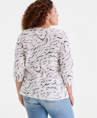 Plus Size Printed Cotton 3/4-Sleeve Top
