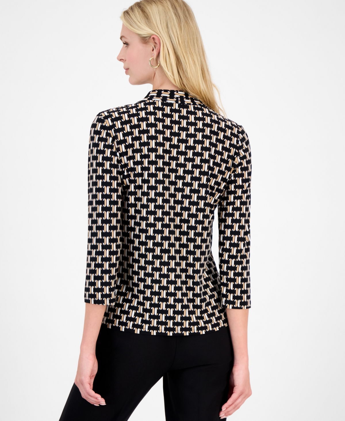 Kasper Women's Geo-print Tie-neck 3/4-sleeve Blouse In Black