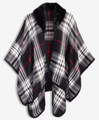 Women's Faux-Fur-Collar Plaid Wrap