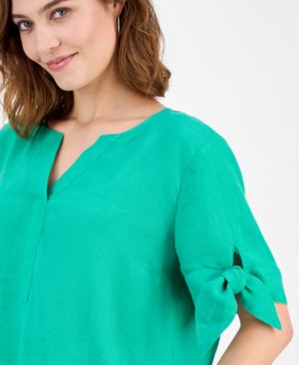 Women's 100% Linen Split-Neck Tie-Cuff Top, Created for Macy's