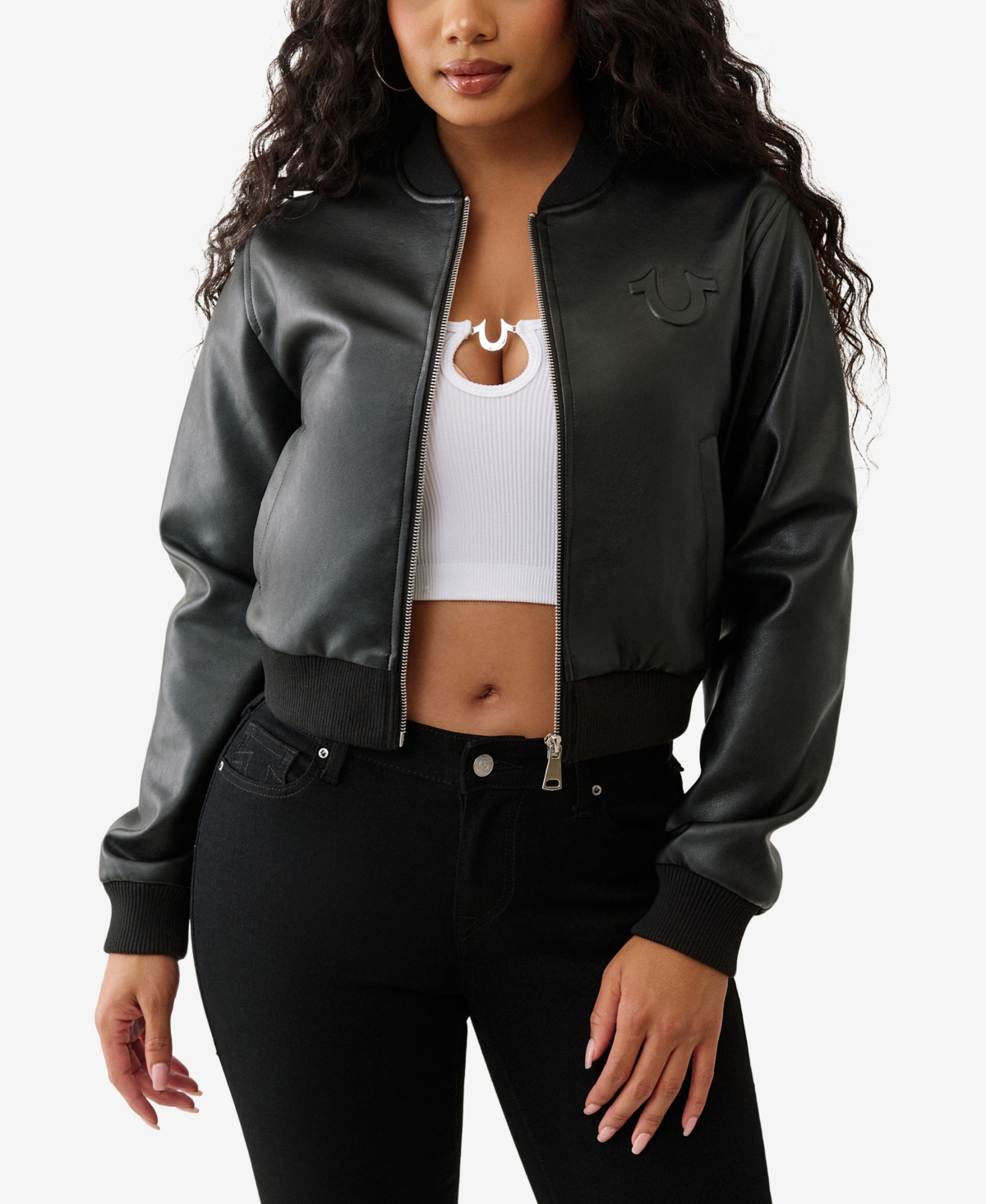 True Religion Women's Crop Polyurethane Bomber Jacket In Black
