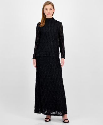 Anne Klein Womens Glitter Long Sleeve Mock Neck Top Glitter Flared Maxi Skirt In Black