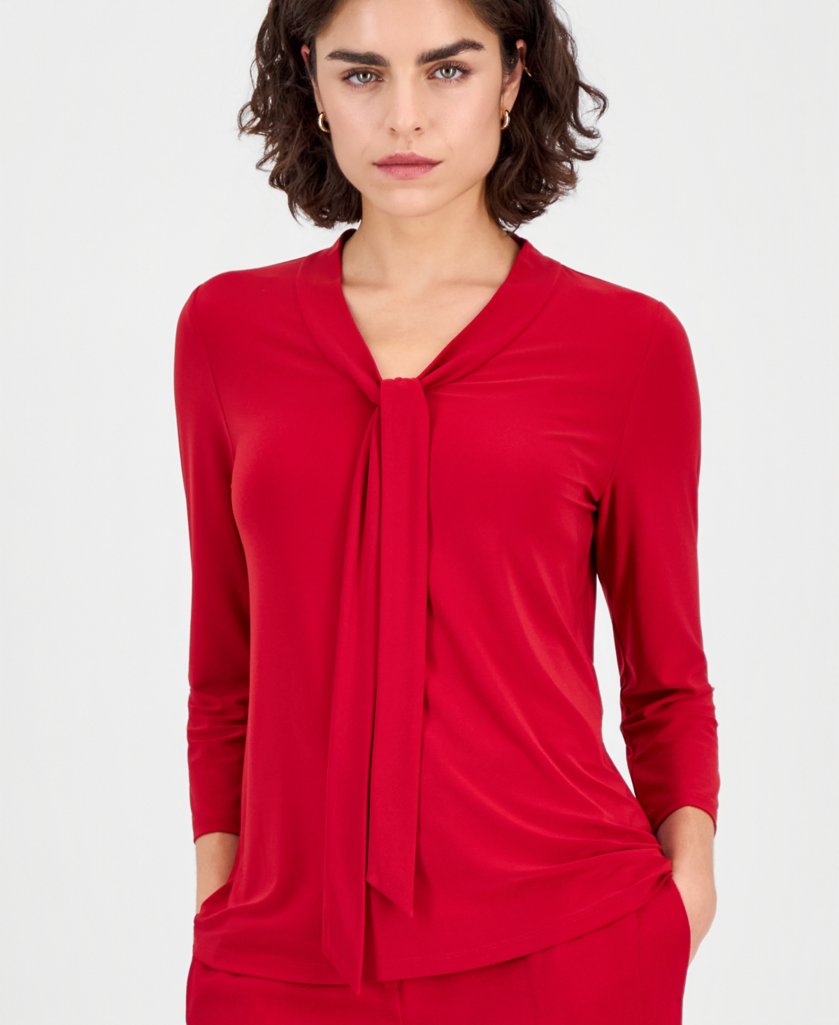 Kasper Petite Tie-Neck 3/4-Sleeve Top