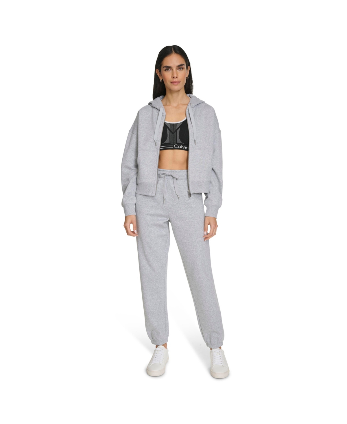 Calvin Klein Women's Fleece Crop Zip-front Long-sleeve Hoodie In Gray