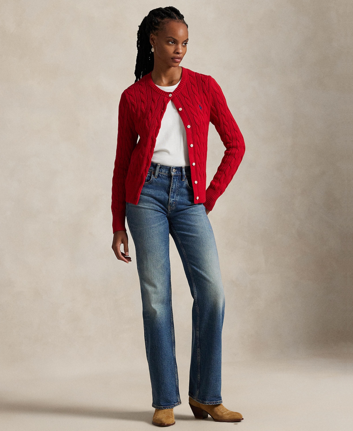 Polo Ralph Lauren Women's Cable-knit Cotton Crewneck Cardigan Sweater In Red