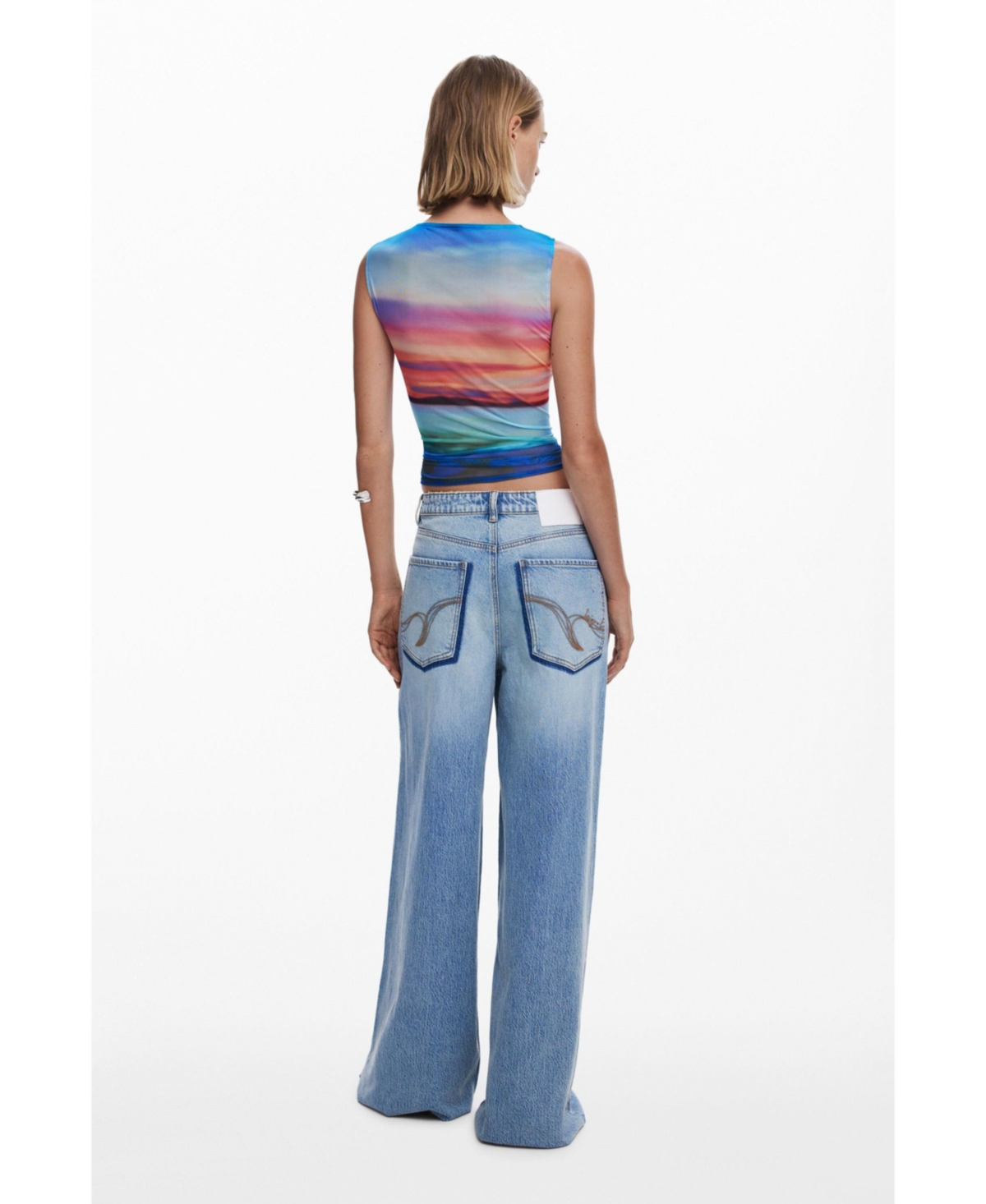 Desigual Drawstring Front Mesh Tank In Blue