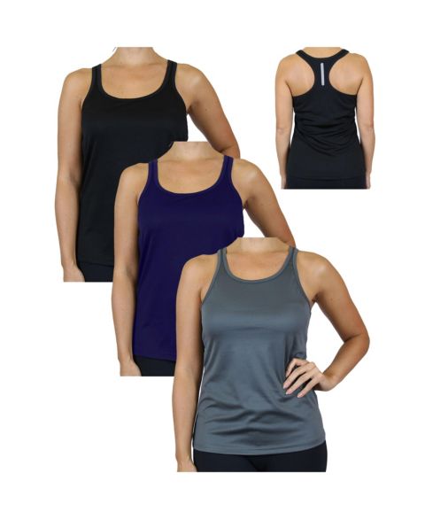 Женские топы Galaxy By Harvic Moisture Wicking Racerback Tanks-3 Pack, цвет: Чёрный тёмно-синий угольный