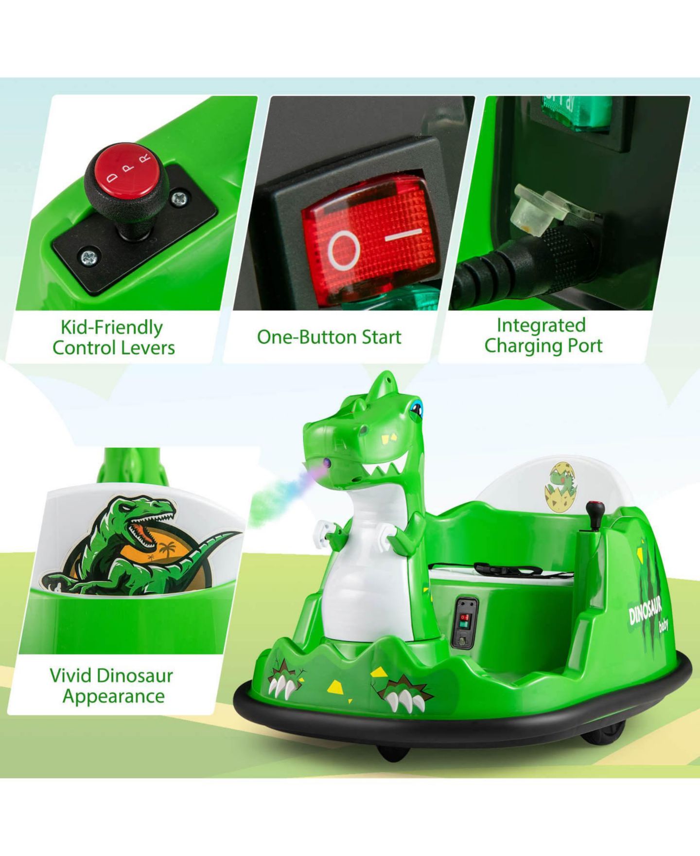 Детская игрушка Costway Dinosaur Ride-On Bumper Car with Remote Control, Spray and Lights, 44 lbs, 2–5 лет, цвет: Зелёный — фото 5