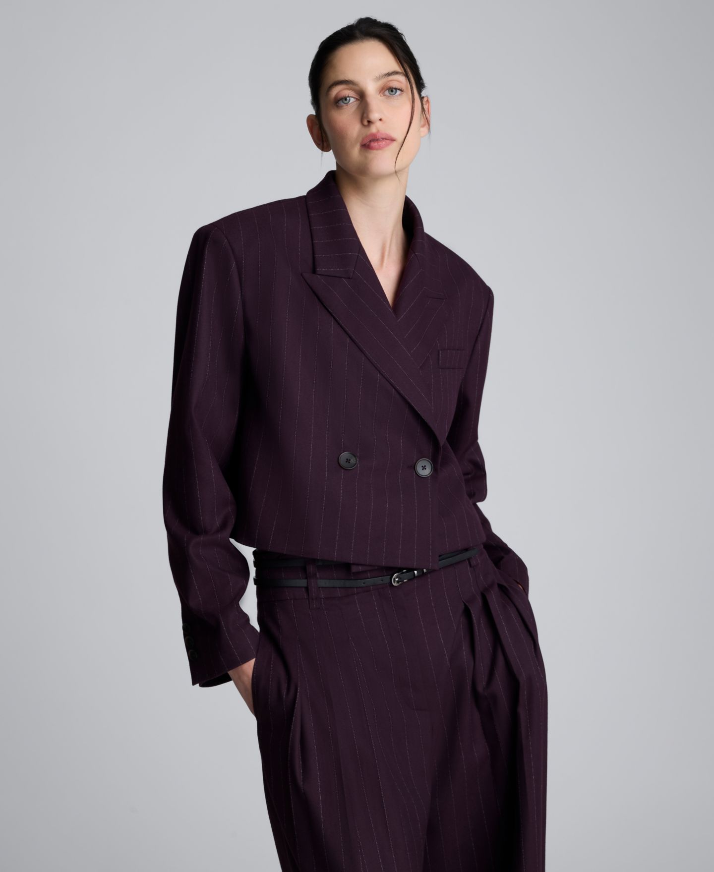 Женский пиджак Kenneth Cole Cropped Pinstripe Double Breasted Blazer, цвет: Тёмно-бордовый разноцветный — фото 1