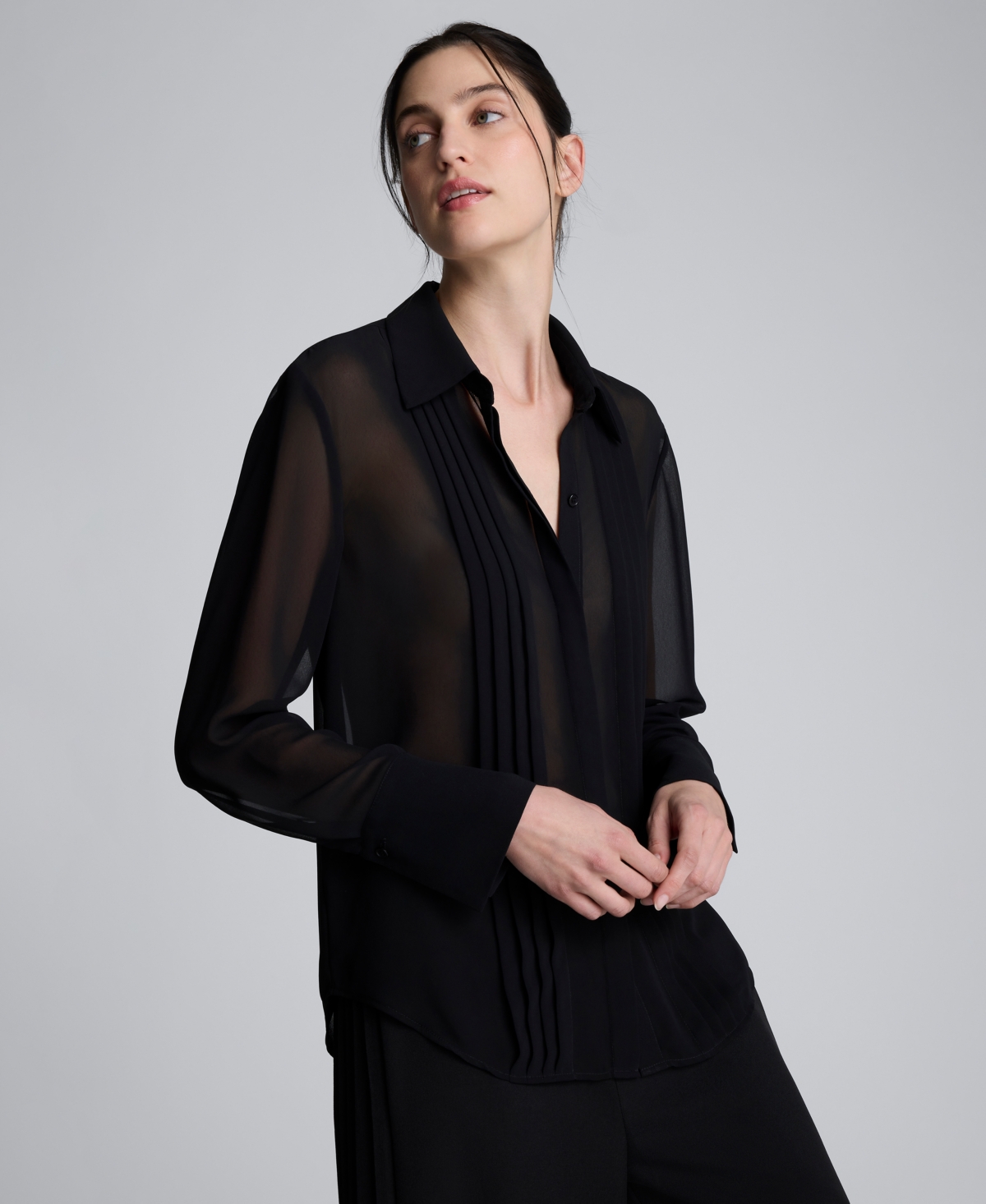 Kenneth Cole Chiffon Pleated Long Sleeve Blouse In Black