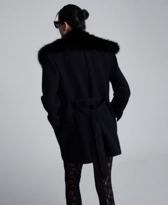 Women's Faux Fur Trim Notched Collar Belted Jacket