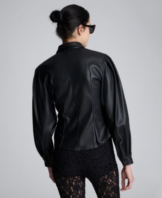 Women's Faux Leather Snap Front Pleated Shirt