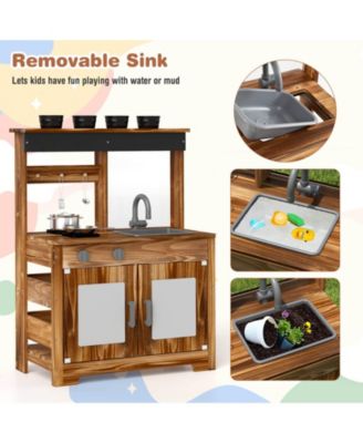 Kids Mud Kitchen Set with Removable Sink Faucet Dual Stoves 4 Planting Pots