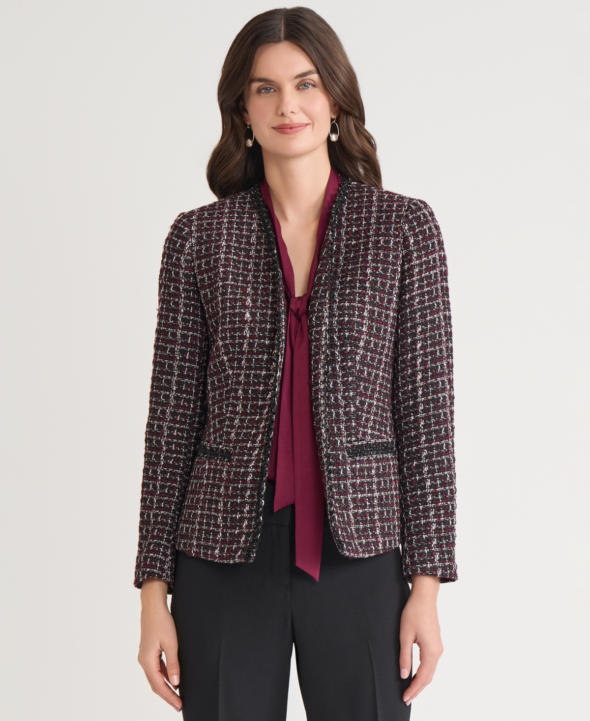 Kasper Tweed Open-front Jacket, Regular & Petite In Burgundy