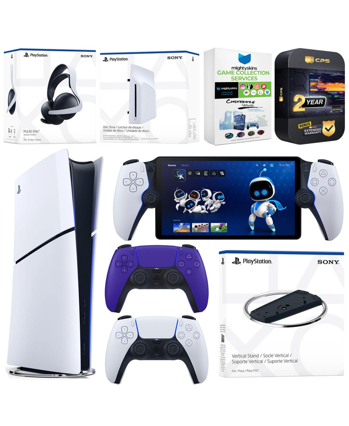 Sony PlayStation 5 Slim Digital Bundle with Disc Drive, Stand, Extra Controller, Pulse Elite Headset, PlayStation Portal, MightySkins Game Collection 