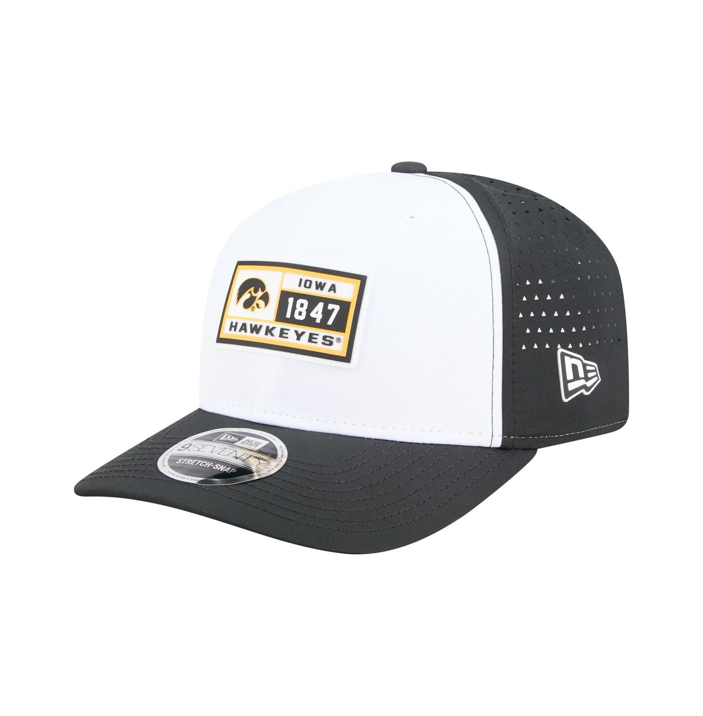 Мужская кепка New Era White/Black Iowa Hawkeyes Perforated Patched 9SEVENTY Adjustable Hat — фото 1