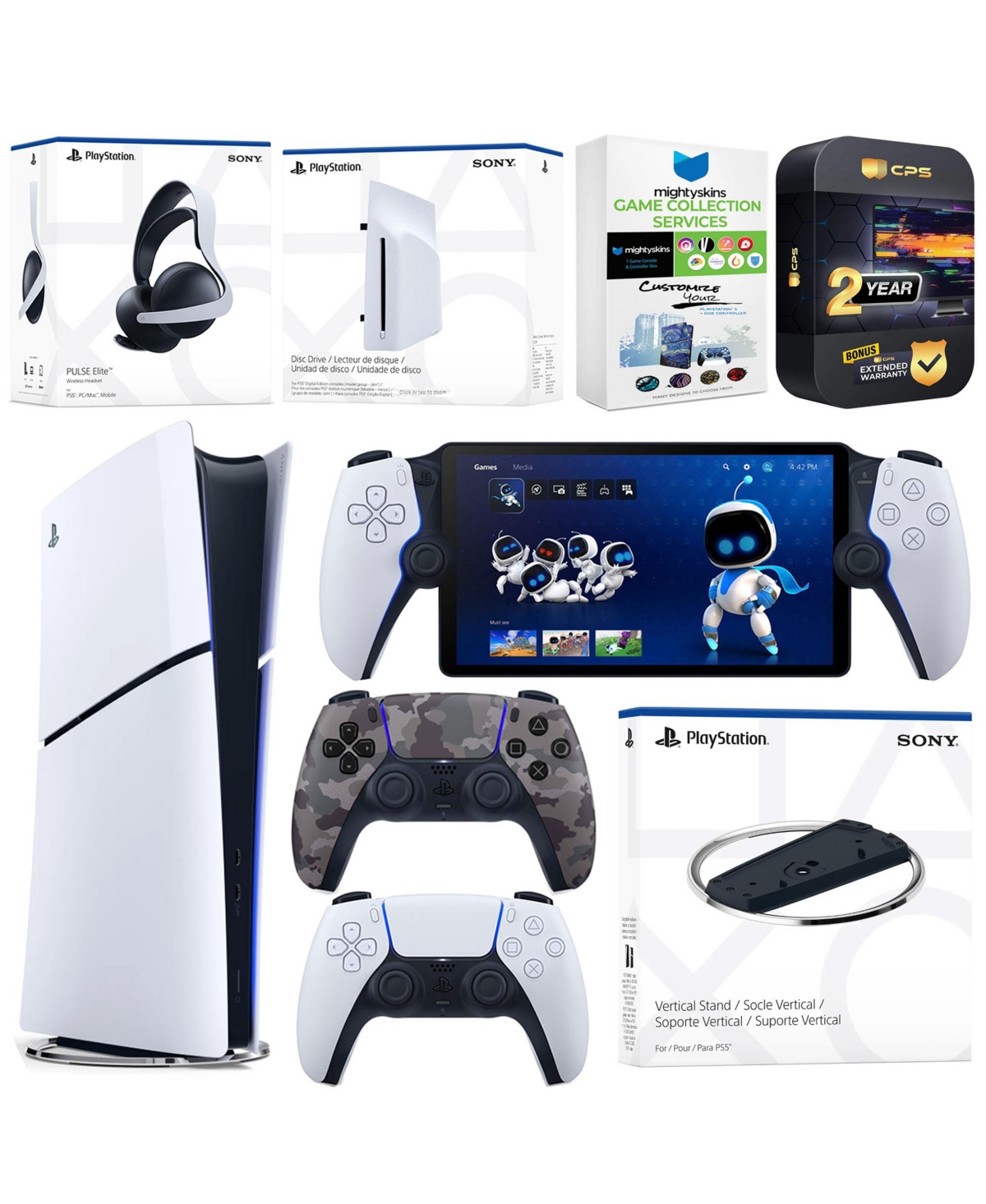 Sony PlayStation 5 Slim Digital Bundle with Disc Drive, Stand, Extra Controller, Pulse Elite Headset, PlayStation Portal, MightySkins Game Collection 