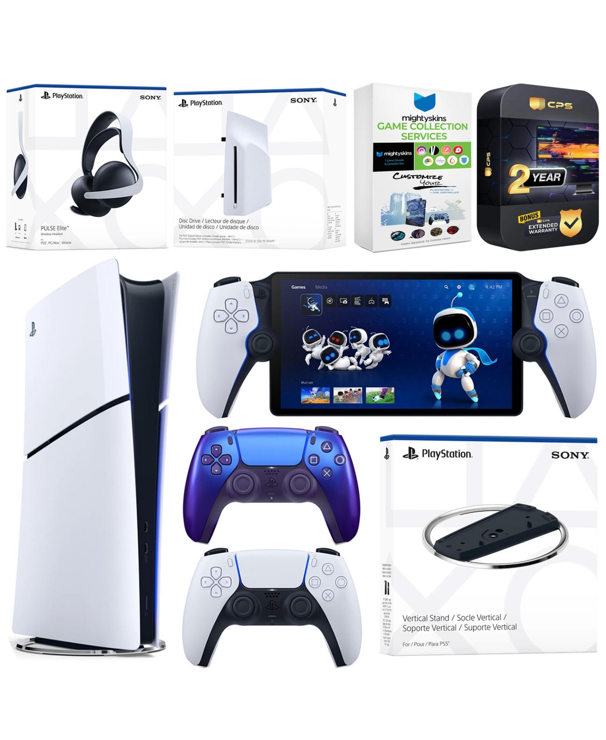 Sony PlayStation 5 Slim Digital Bundle with Disc Drive, Stand, Extra Controller, Pulse Elite Headset, PlayStation Portal, MightySkins Game Collection 