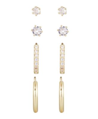 Gold CZ Hoop and Solitaire Stud Earrings Set