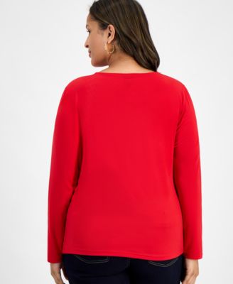 Plus Size Asymmetric-Neck Long-Sleeve Top, Macy's Exclusive 