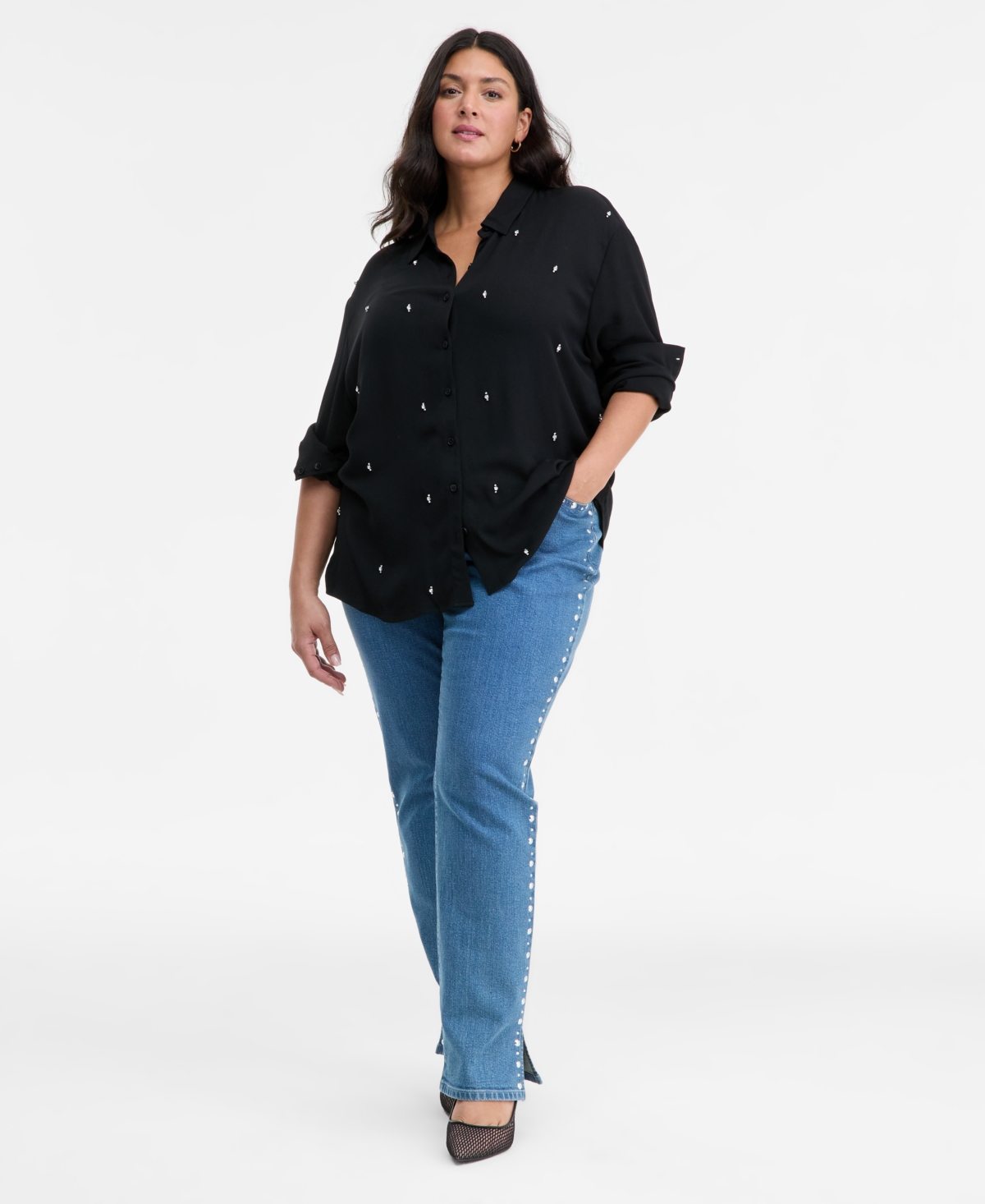 Inc International Concepts Plus Size Embellished-front Shirt, Macy's Exclusive In Black