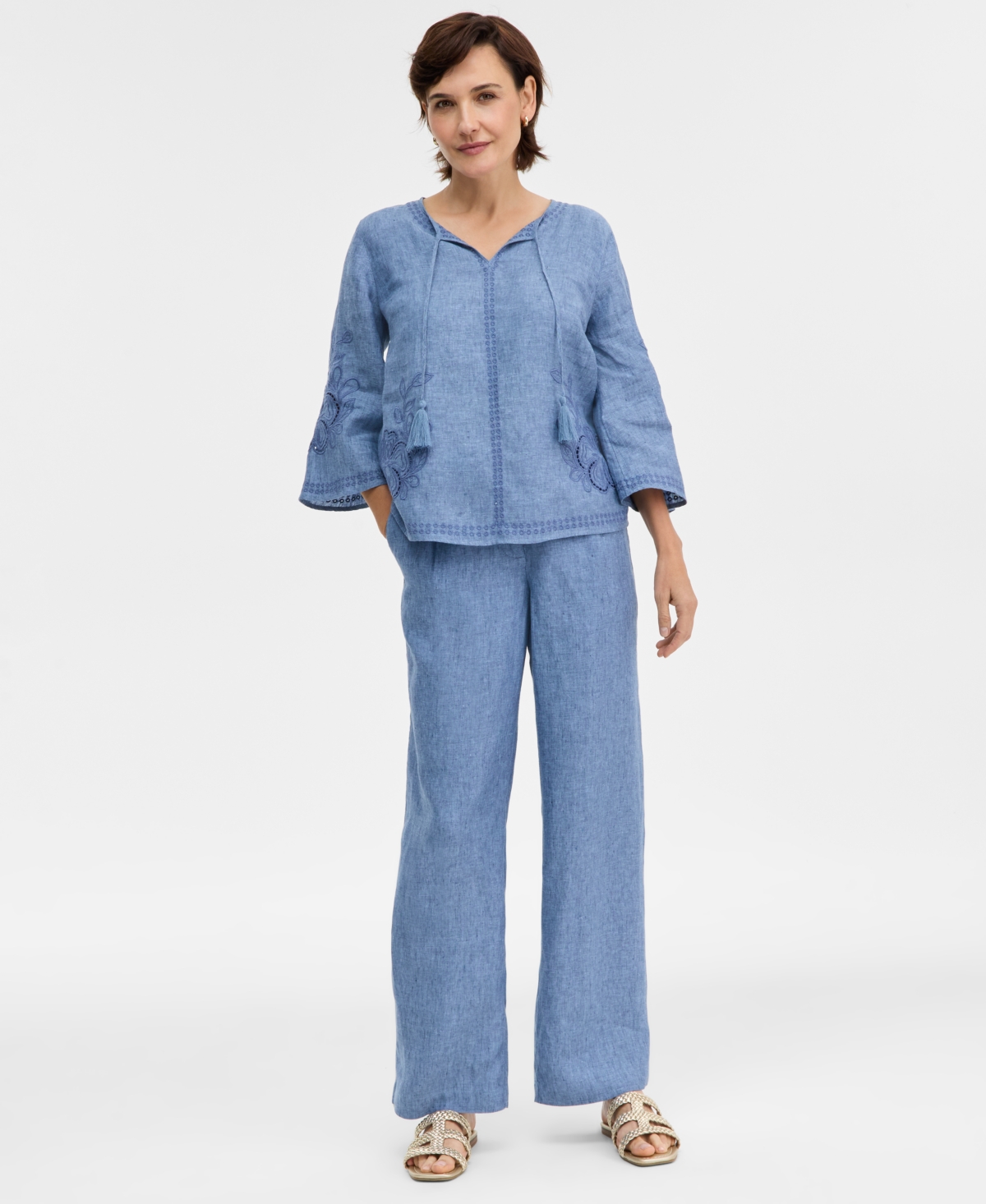 Charter Club Women's Embroidered 100% Linen Split-neck Tunic, Macy's Exclusive In Blue