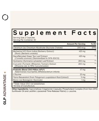 GLP-Advantage+ Berberine, Boron, Chromium, Decaffeinated Green Tea (50% EGCG), Gymnema Sylvestre, Probiotics, Taurine - 60 Capsules