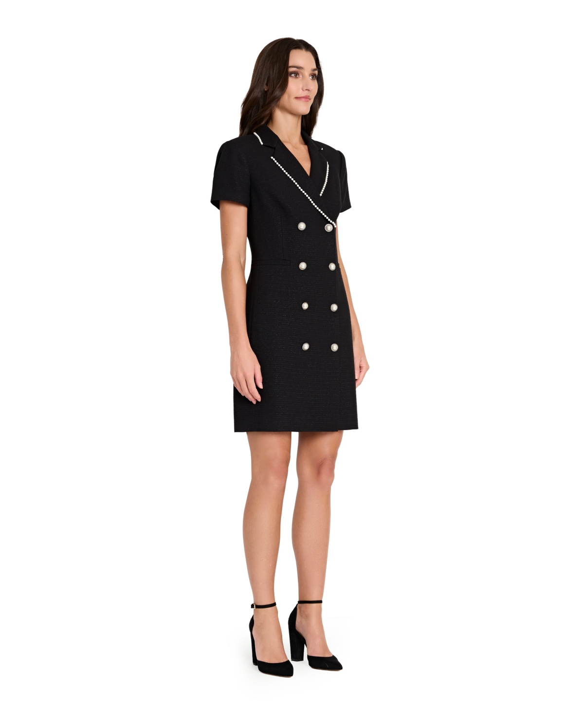 Tahari Asl Faux Pearl Trim Tweed Dress In Black