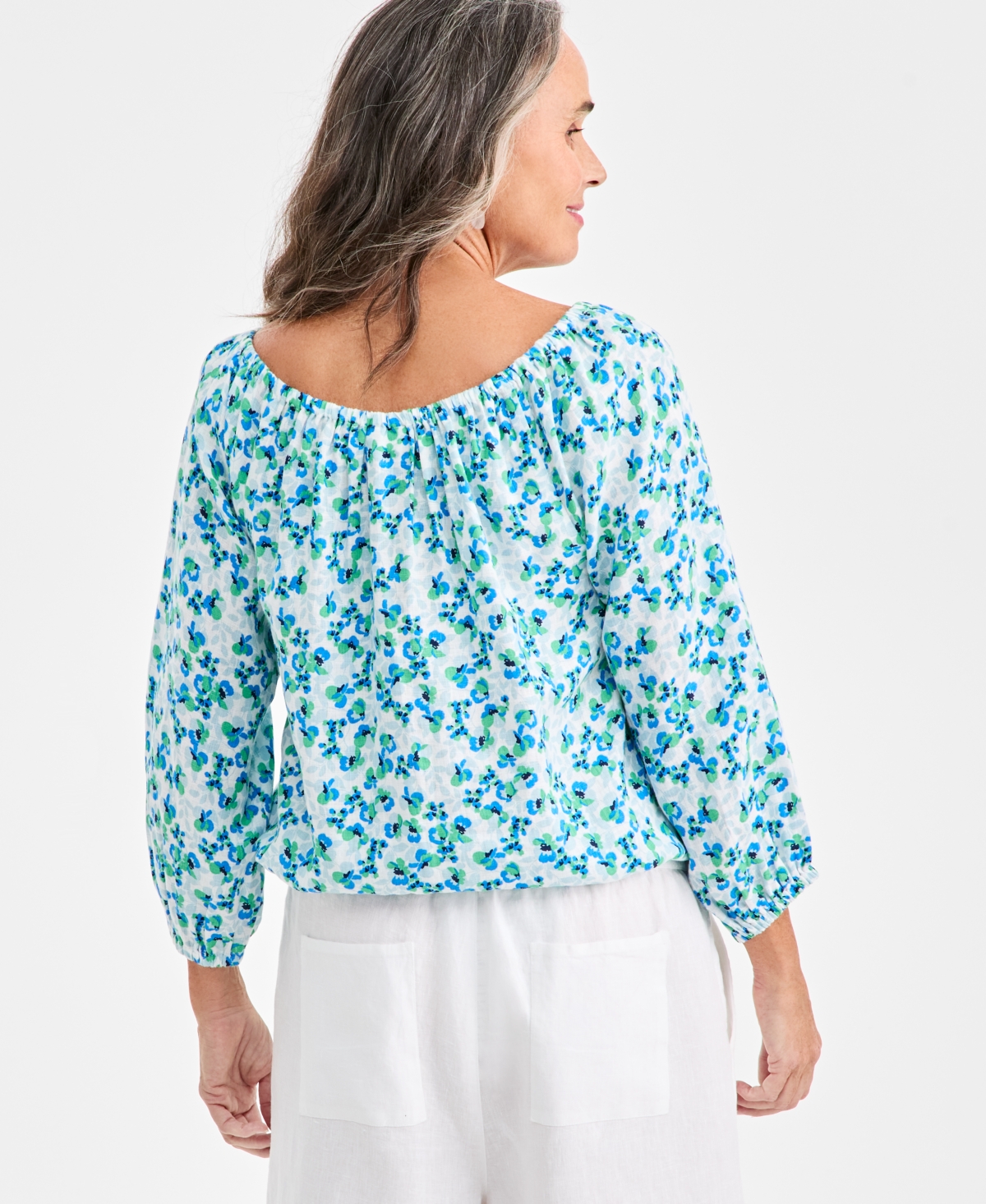 Charter Club Women's 100% Linen Tile On-Off-Shoulder 3/4-Sleeve Top, Macy's Exclusive