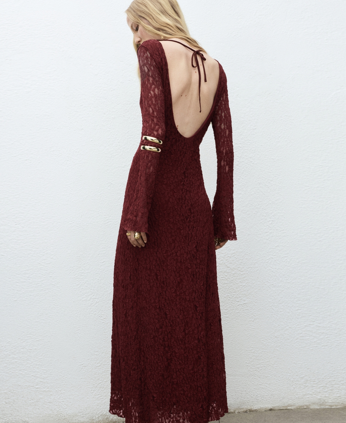 Mango Long Sleeve Lace Maxi Dress In Brown